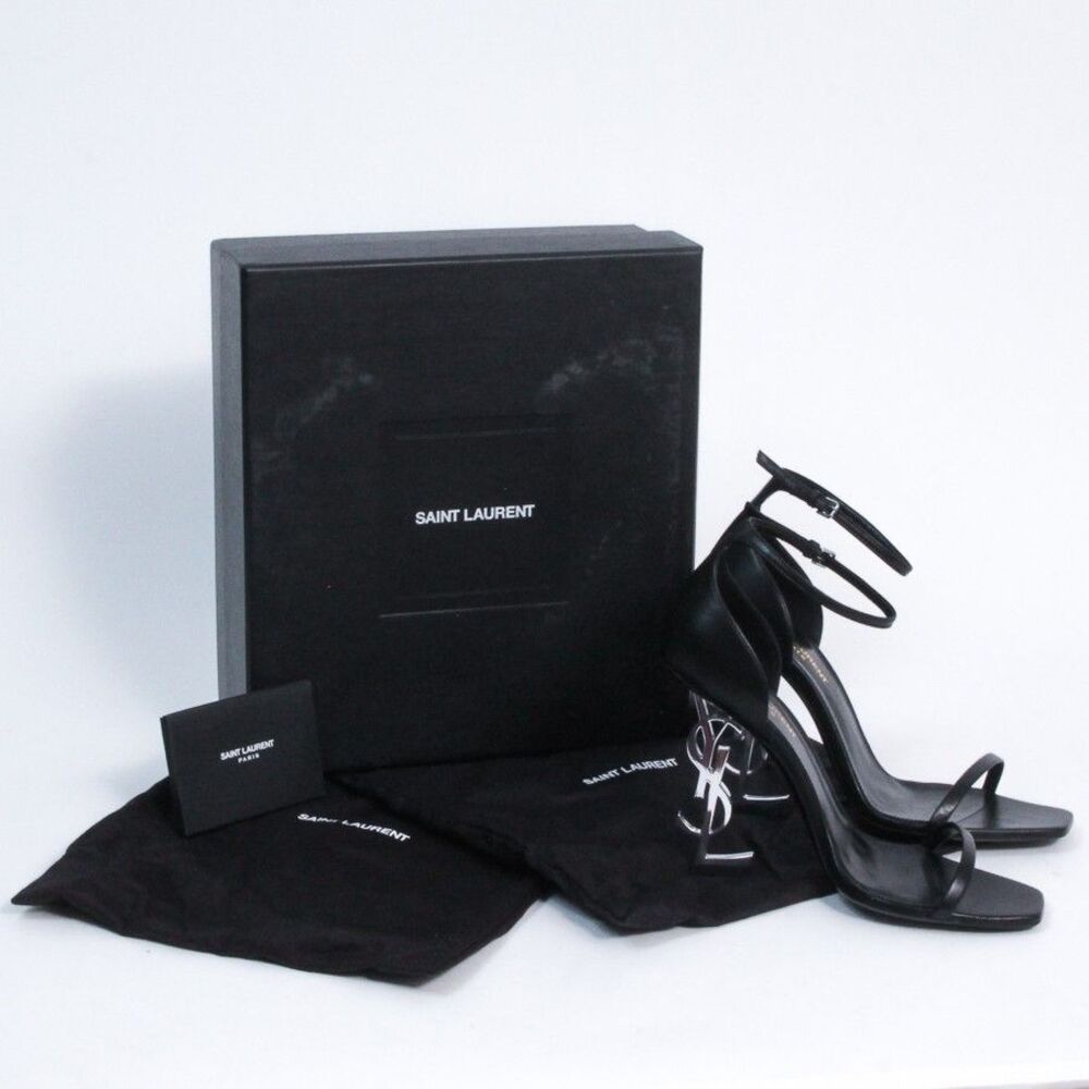 Saint Laurent Opyum Sandals Black Leather Silver YSL Logo Heel Shoes 39 Italy - Picture 4 of 15